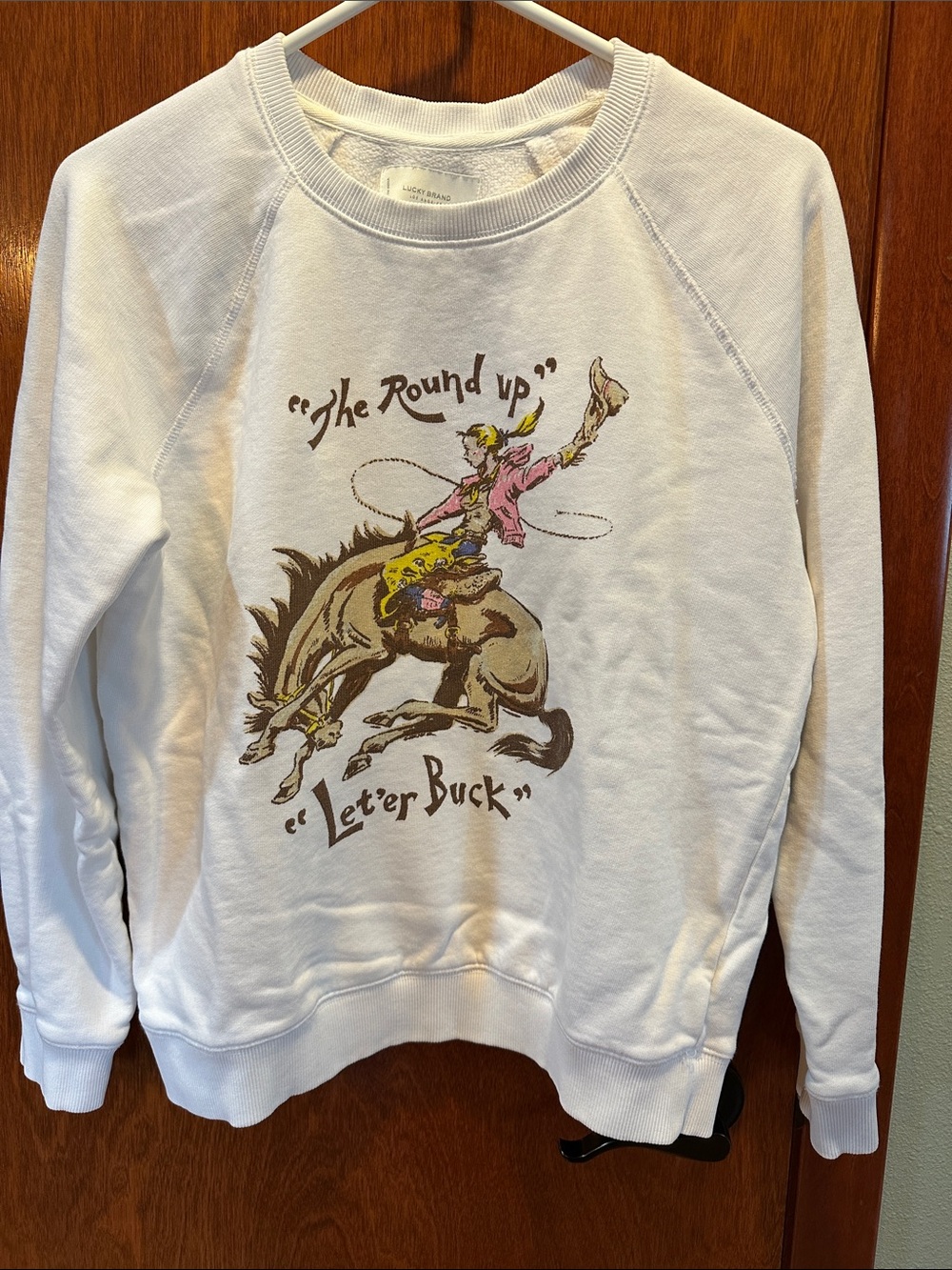 Lucky Brand White Graphic Cowgirl Sweatshirt "The Round Up"